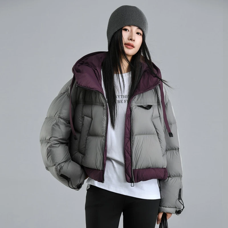连帽撞色羽绒服女2024韩版宽松加厚保暖设计感时尚保暖白鸭绒外套