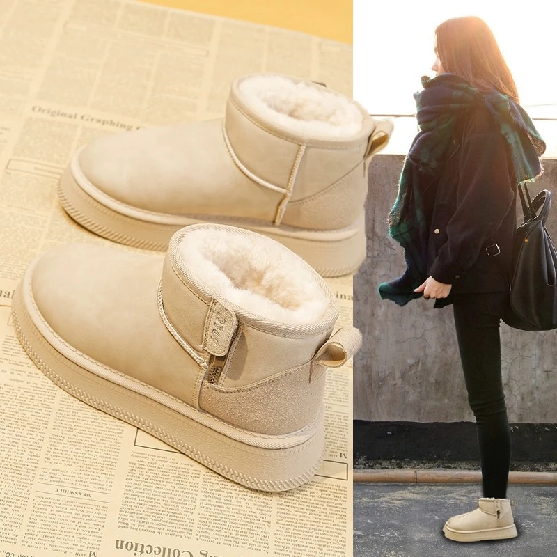 厚底雪地靴女皮毛一体雪地棉2024冬季新款皮面防水加绒东北大棉鞋