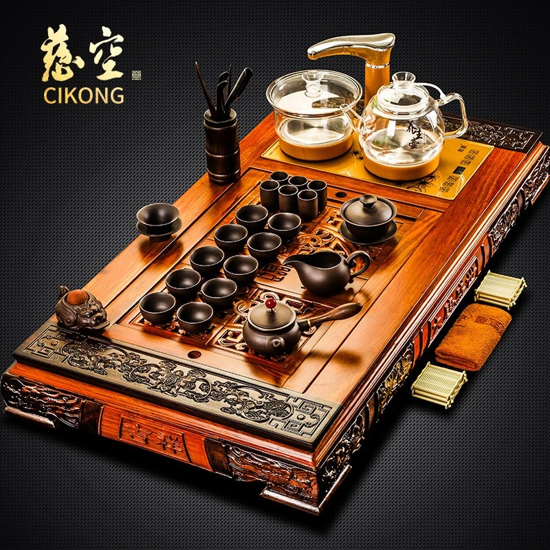 茶具套装黑檀木茶盘花梨木紫砂功夫茶具全自动四合一电茶炉家用
