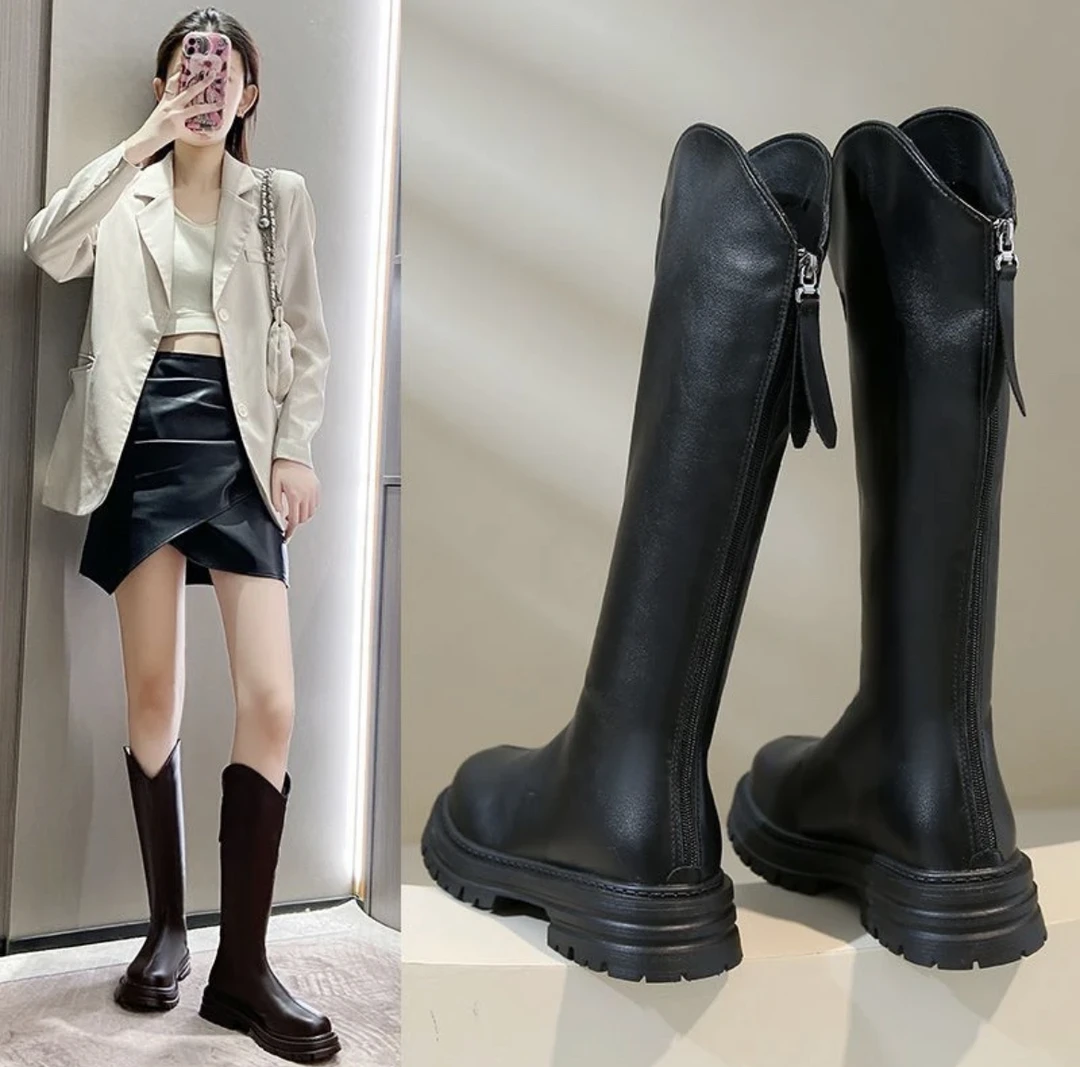 小个子显瘦百搭厚底秋冬加绒英伦风粗跟厚底中筒瘦瘦靴不靴子女