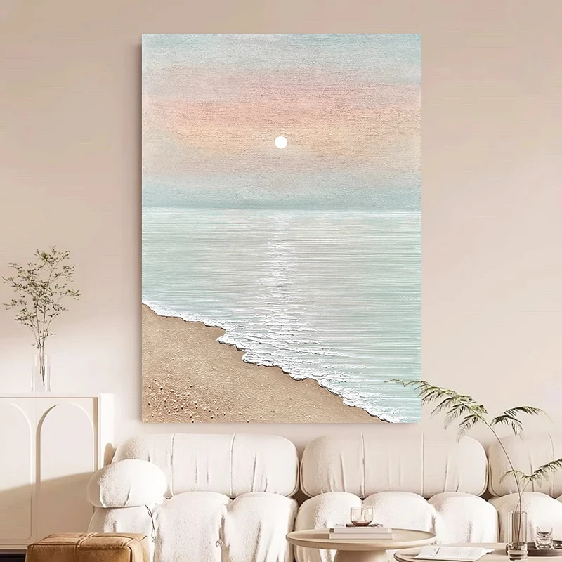 手绘油画《日出海滩》暖阳客厅简约现代肌理立体装饰画餐厅挂画竖版