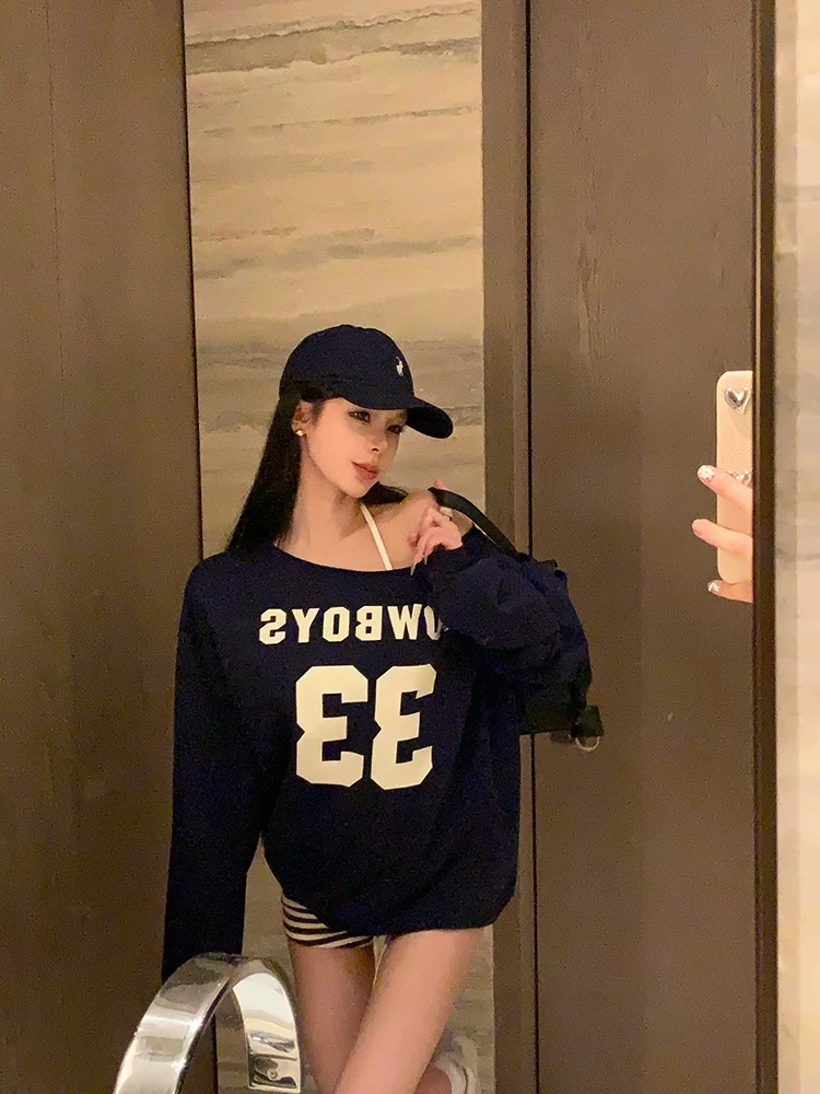 美式复古灰色印花字母数字斜肩慵懒休闲露肩长袖卫衣