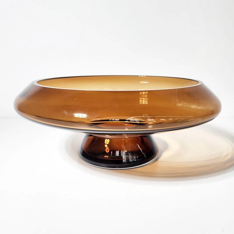 【直径26cm】摩瑟家居【琥珀色高脚果盘】HD花瓶摆件玻璃花盆