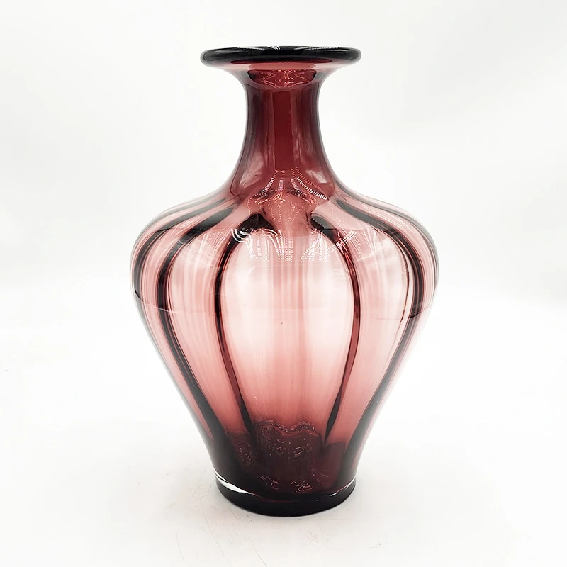 【高30cm】摩瑟家居【紫色平口竖棱大肚】HCDF花瓶摆件玻璃花盆RS50