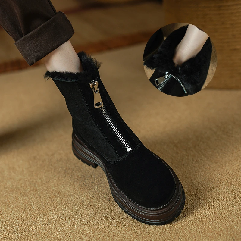 小个子增高4.5cm~复古前拉链雪地靴女磨砂拼接马丁靴加绒加厚短靴