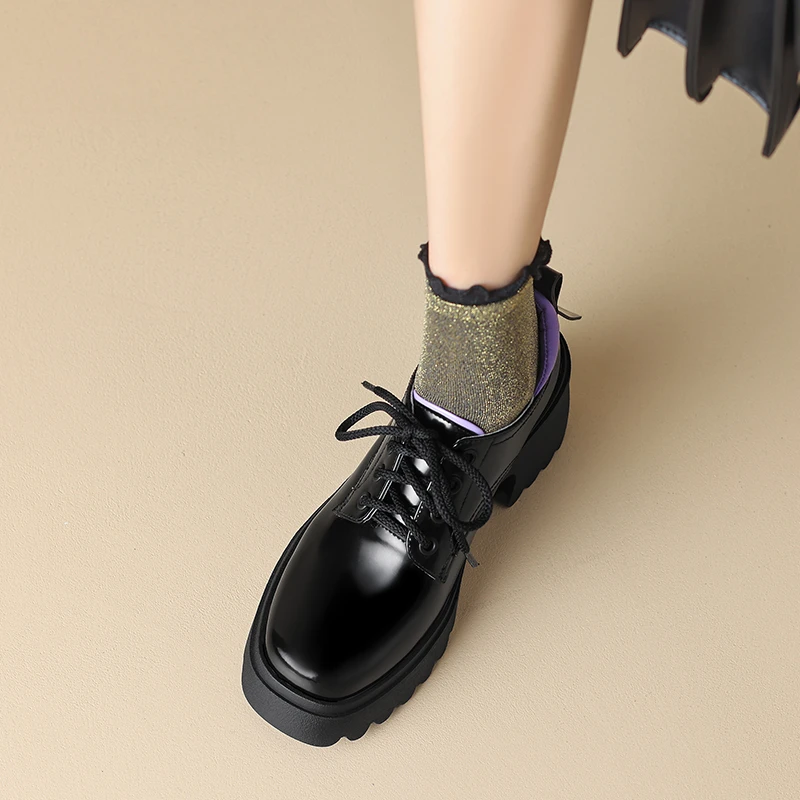 7.5cm~小皮鞋女百搭增高鞋2025新款休闲系带深口单鞋英伦风乐福鞋