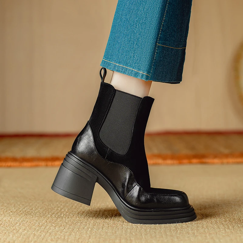 小个子增高7cm~秋冬新款短靴女粗跟防水台不累脚靴子厚底瘦瘦靴女