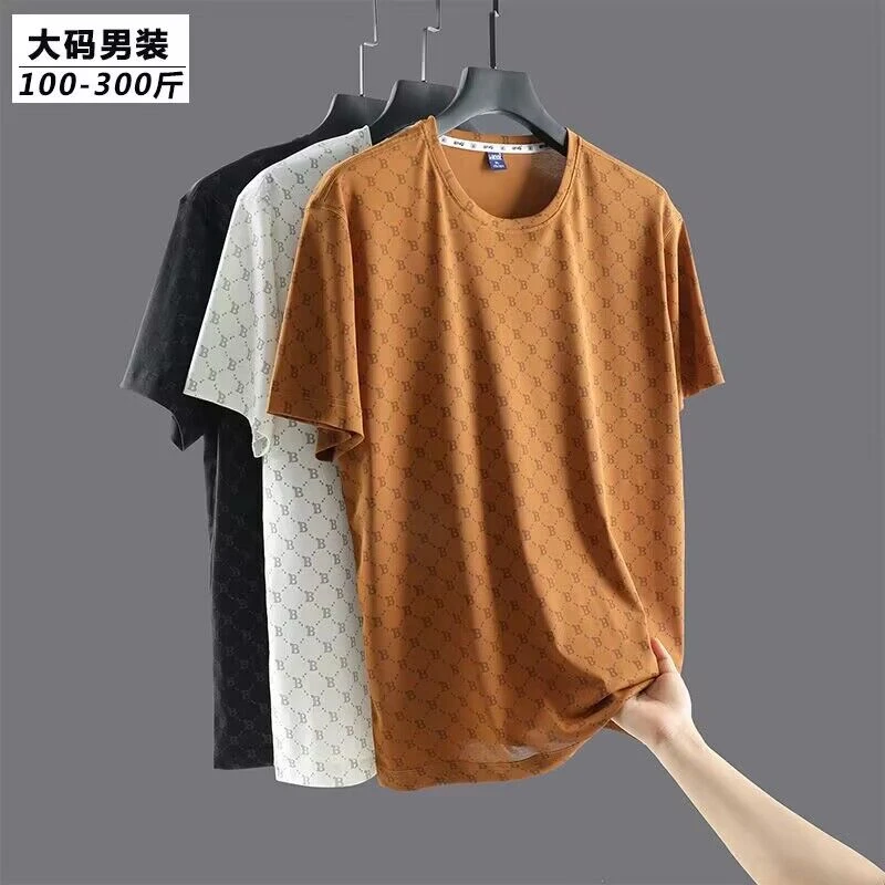 冰丝短袖t恤男夏季薄弹力宽松加肥加大胖子满印半袖300斤大码男装