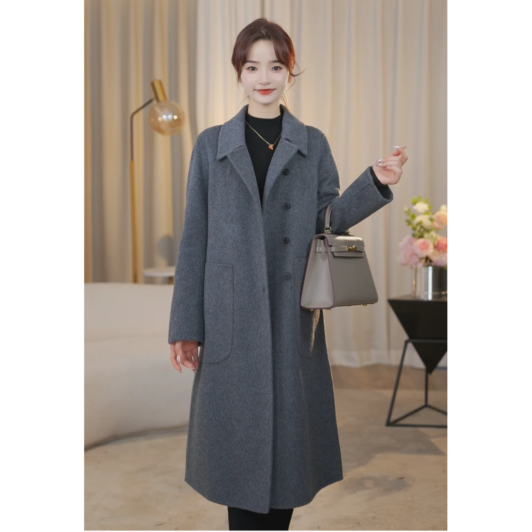 曼贝女装双面羊毛大衣新款气质毛呢外套高级感长款呢子8384003佳