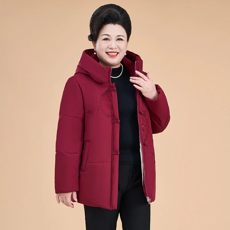 秋冬新中式可解三粒盘扣棉衣连帽拉链款棉袄绣花加绒棉服妈妈装女