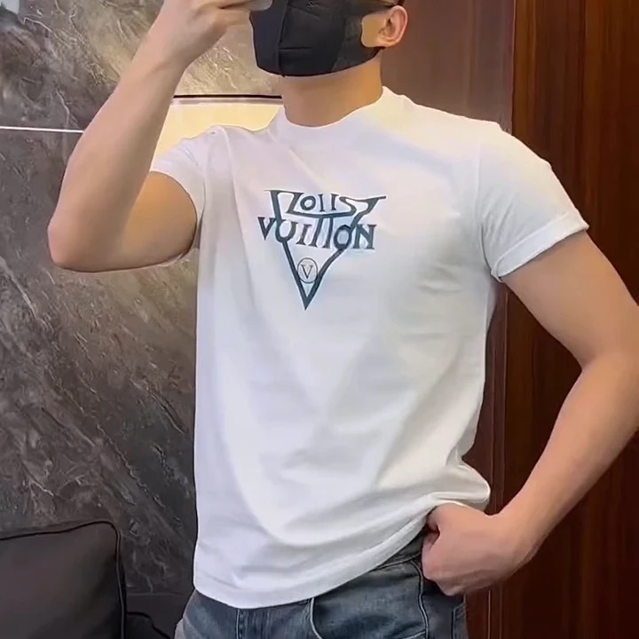 轻奢字母印花男士短袖t恤男夏季圆领弹力丝光棉T恤修身百搭半袖男