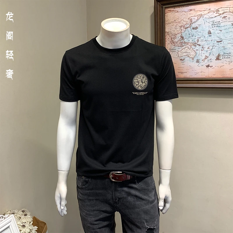 轻奢夏季新款圆领印花短袖t恤男潮牌修身半截袖衫男奢品T恤上衣男