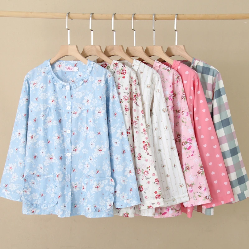 女士纯棉棉布长袖单独单件上衣中老年妈妈全棉斜纹布薄睡衣家居服