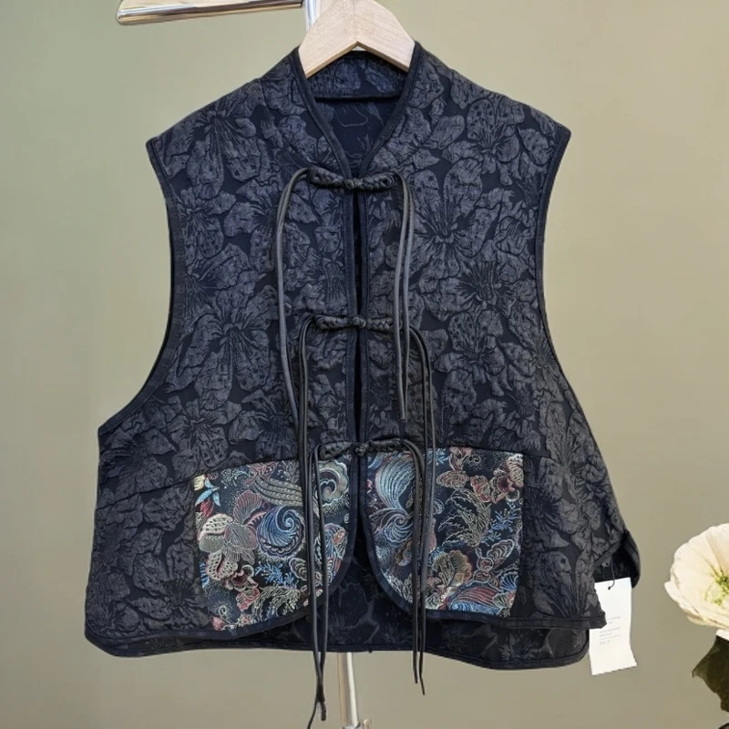 黑色刺绣提花民族风马甲新中式复古无袖百搭马夹