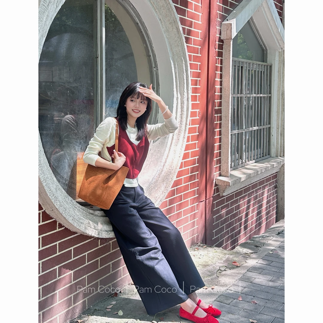 Pam Coco【慵懒拼接】2024新款上新韩系假两件针织衫上衣安可拉红