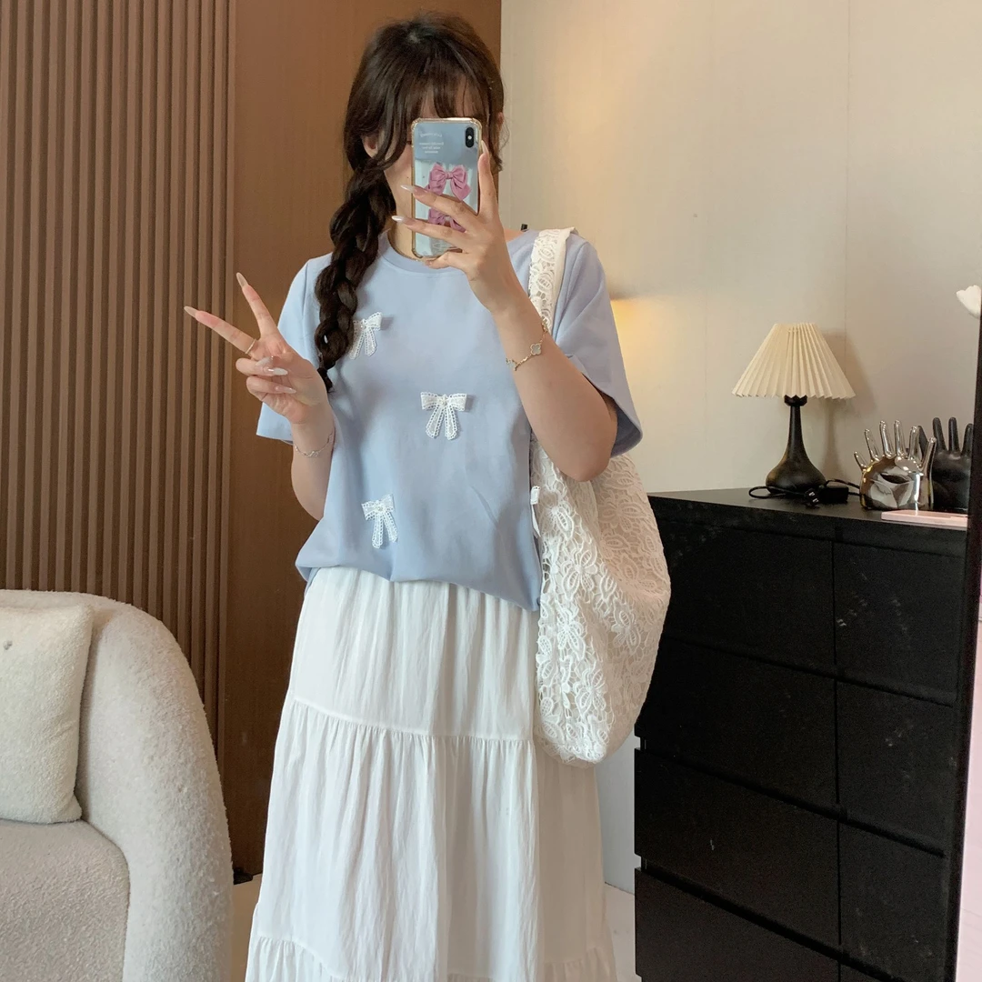 唐不灵微胖《蕾丝蝴蝶》清凉显瘦多色T恤夏季百搭时尚宽松休闲