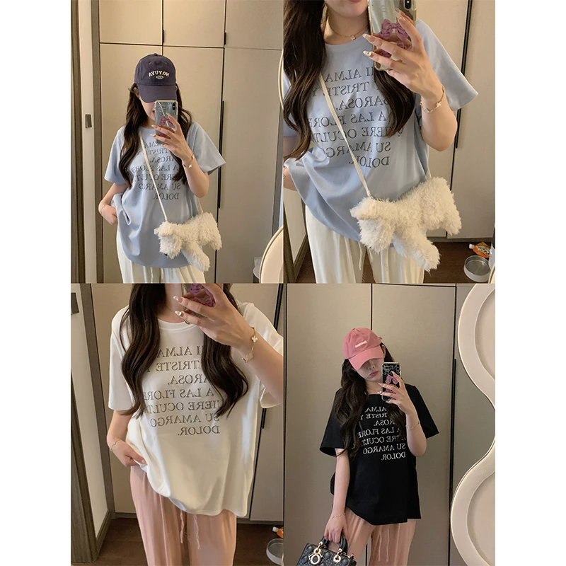 唐不灵微胖《彩虹糖》短袖字母T恤显瘦夏季韩版设计感百搭休闲