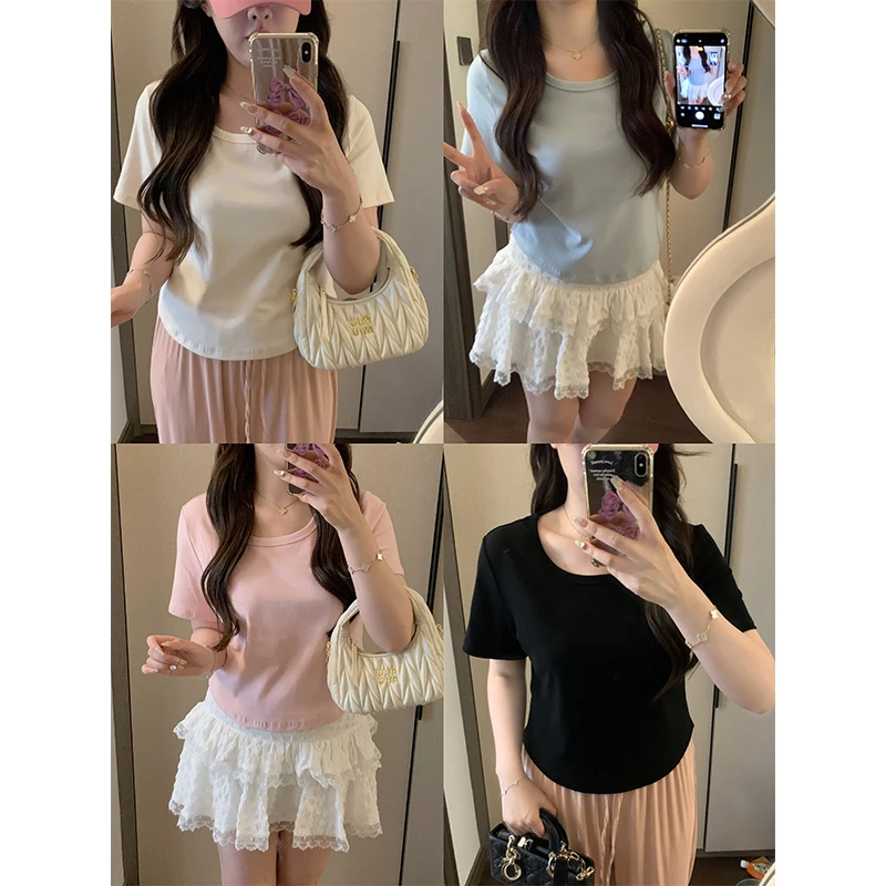 唐不灵微胖《多色T》短袖T恤显瘦短款夏季小众修身显瘦甜美百搭