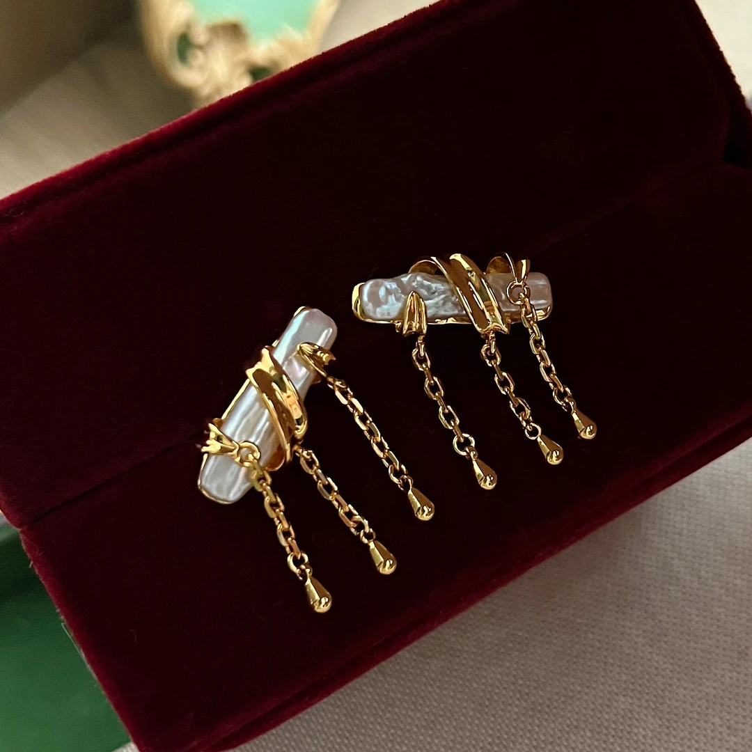 铜合金珐琅耳饰 法式复古优雅大自然长条巴洛克流苏型耳钉EH1062