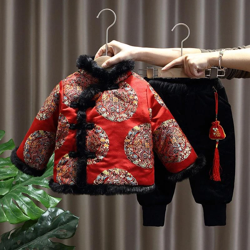 男童唐装中国风宝宝周岁礼服冬季加绒拜年服儿童汉服过年喜庆衣服