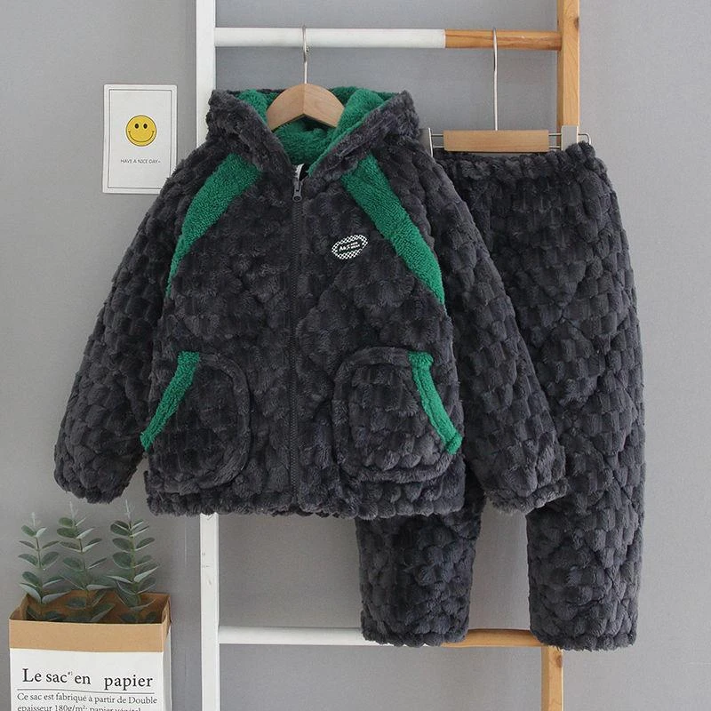 儿童睡衣男童冬季加厚款珊瑚绒拉链三层夹棉连帽拉链家居服套装