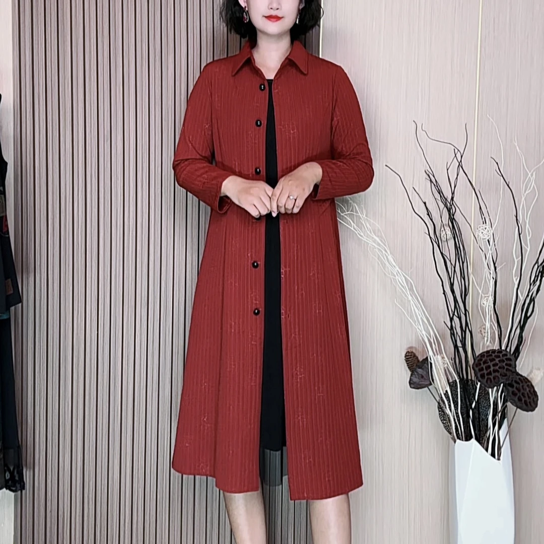 秋季新款纯色提花翻领风衣外套中长款长袖单排扣风衣气质时尚外套