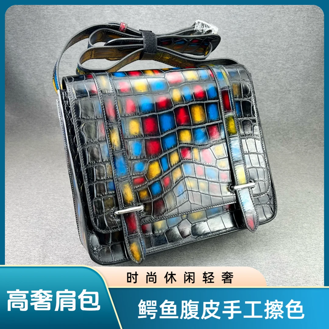 鳄鱼真皮小众时尚单肩包多功能休闲百搭轻奢潮流黑色高档彩擦色