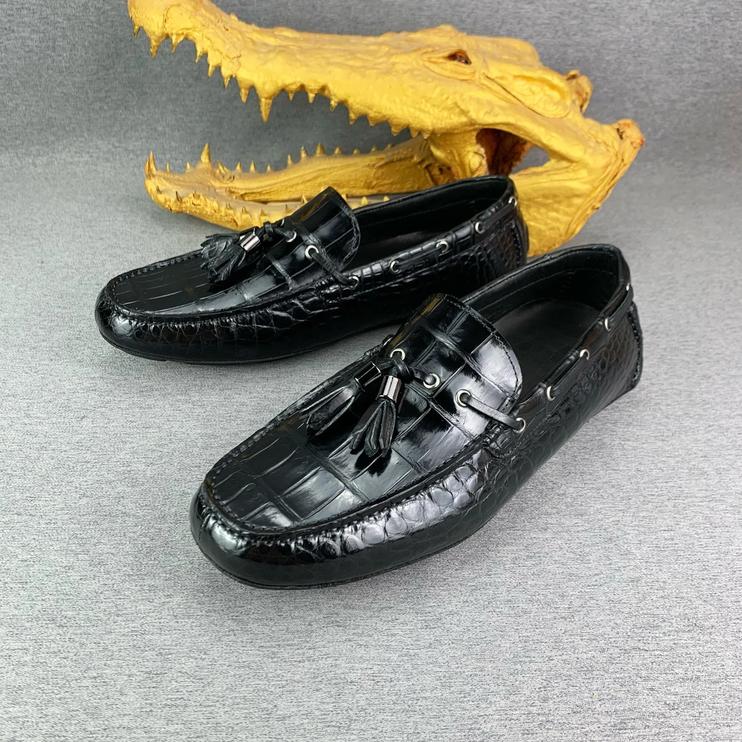 吉客鳄巴鳄鱼真皮豆豆鞋时尚休闲百搭黑色舒适软底软面男士驾车鞋
