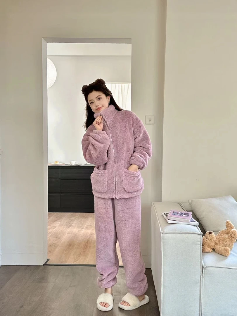 2024爆款秋冬款加厚睡衣保暖简约家居服情侣立领拉链款可外穿套装