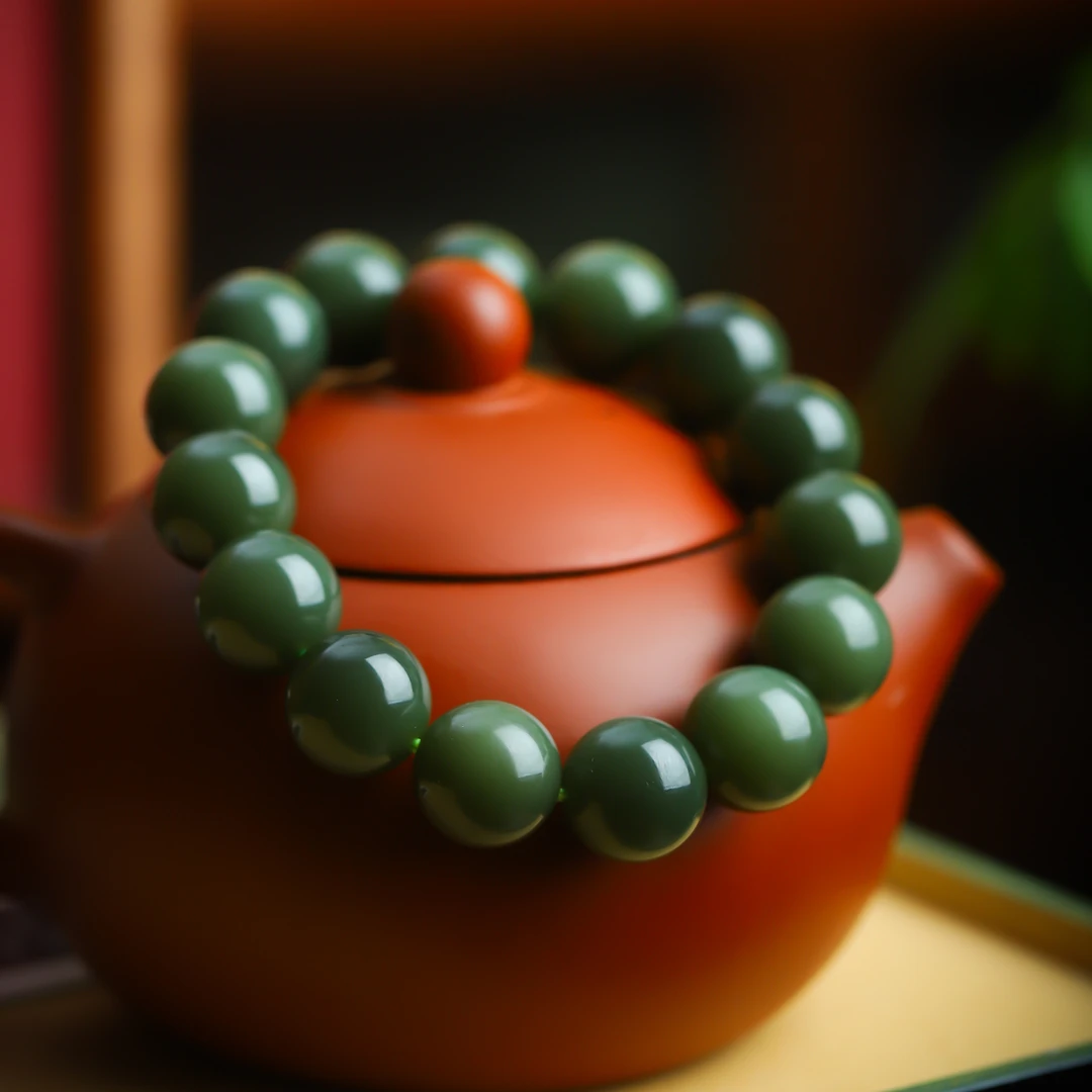 和田玉青玉一细沙枣青14mm手串素圈男士素款手链佛珠念珠手持