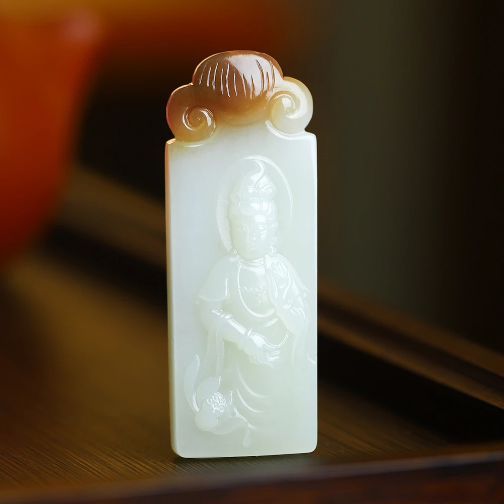 新疆和田玉俏色巧雕观音牌子男士吊坠男款挂件女士挂坠女款项坠