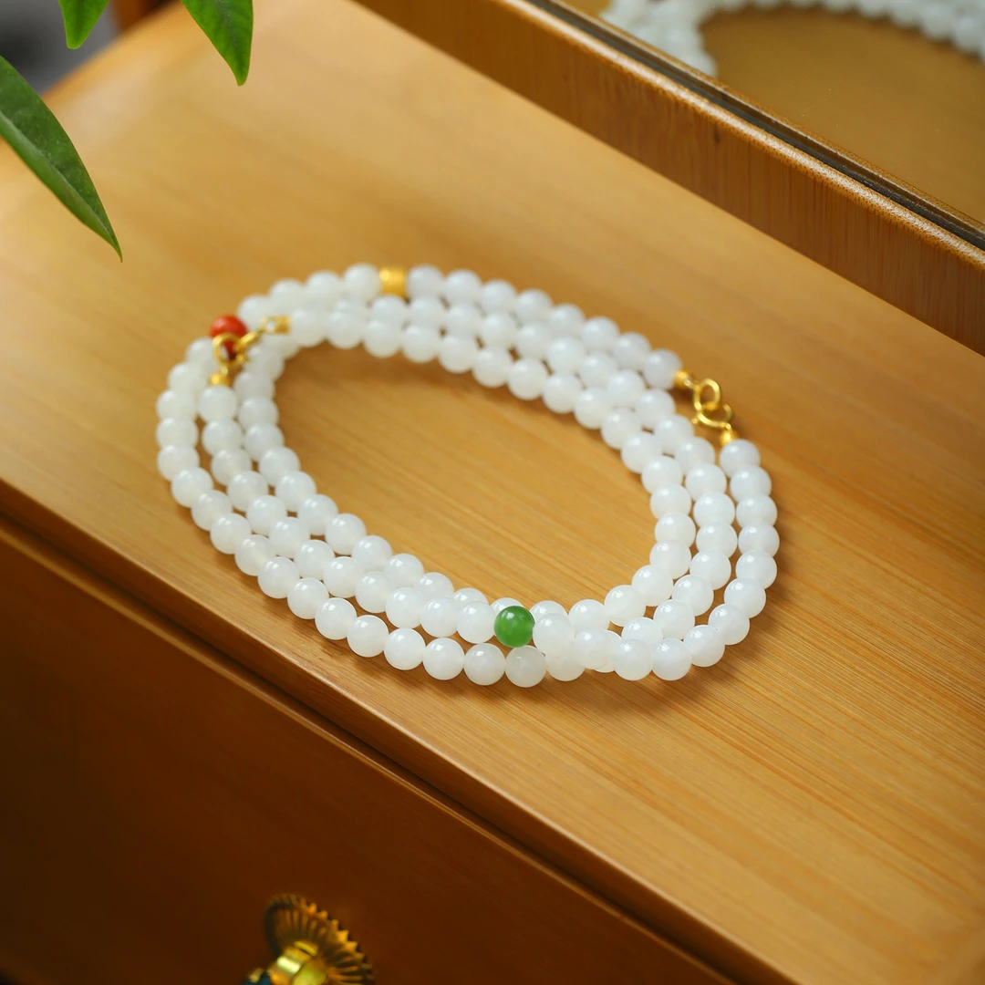 和田玉羊脂白玉国潮风6mm珠链女士镶金项链女款毛衣链多功能链子