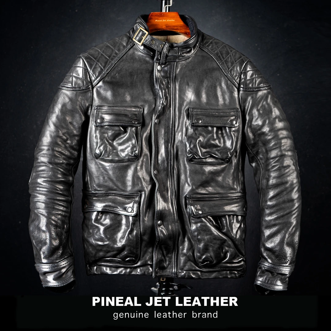 PJL2025新款男士时尚复古全植鞣重水洗猎装机车牛皮M65