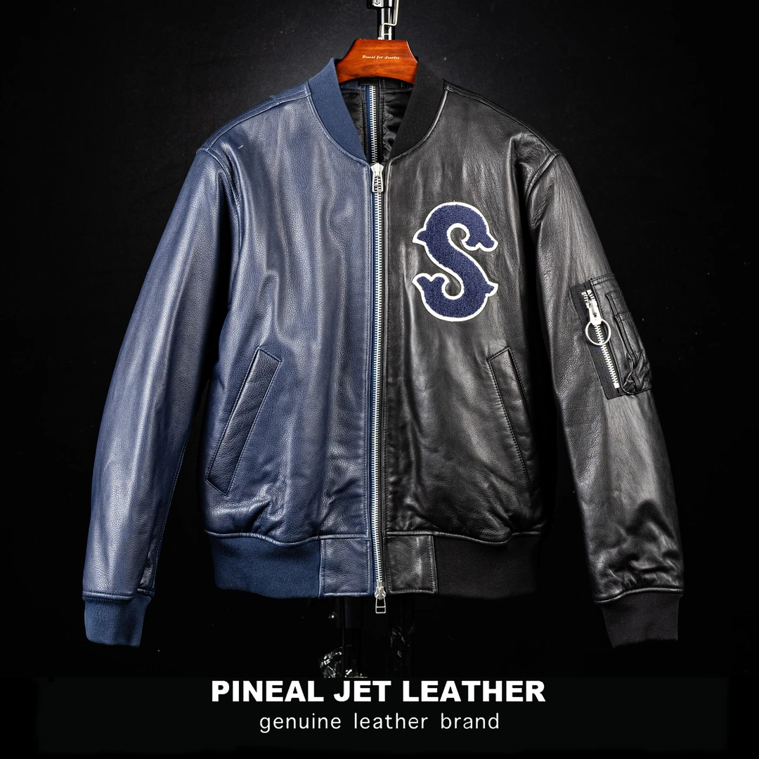 PJL新款男女同款百搭时尚咔叽风格羊皮拼色棒球服