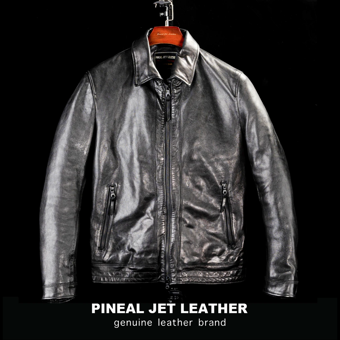 PJL男款简单翻领加棉秋冬商务绵羊皮皮外套皮夹克棉黑