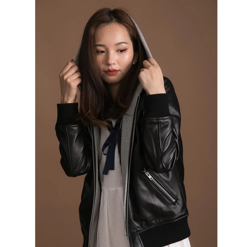 PJL女款短款连帽款式休闲棒球夹克绵羊皮皮外套针织帽女棒