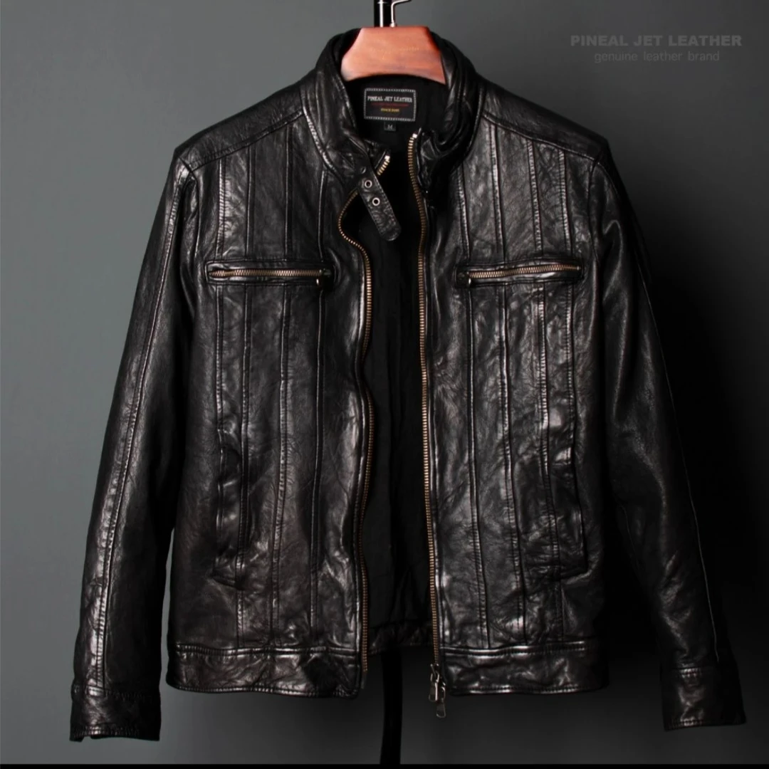 PJL新款男装日系复古机车绵羊皮短款皮夹克立领皮外套拼接立领