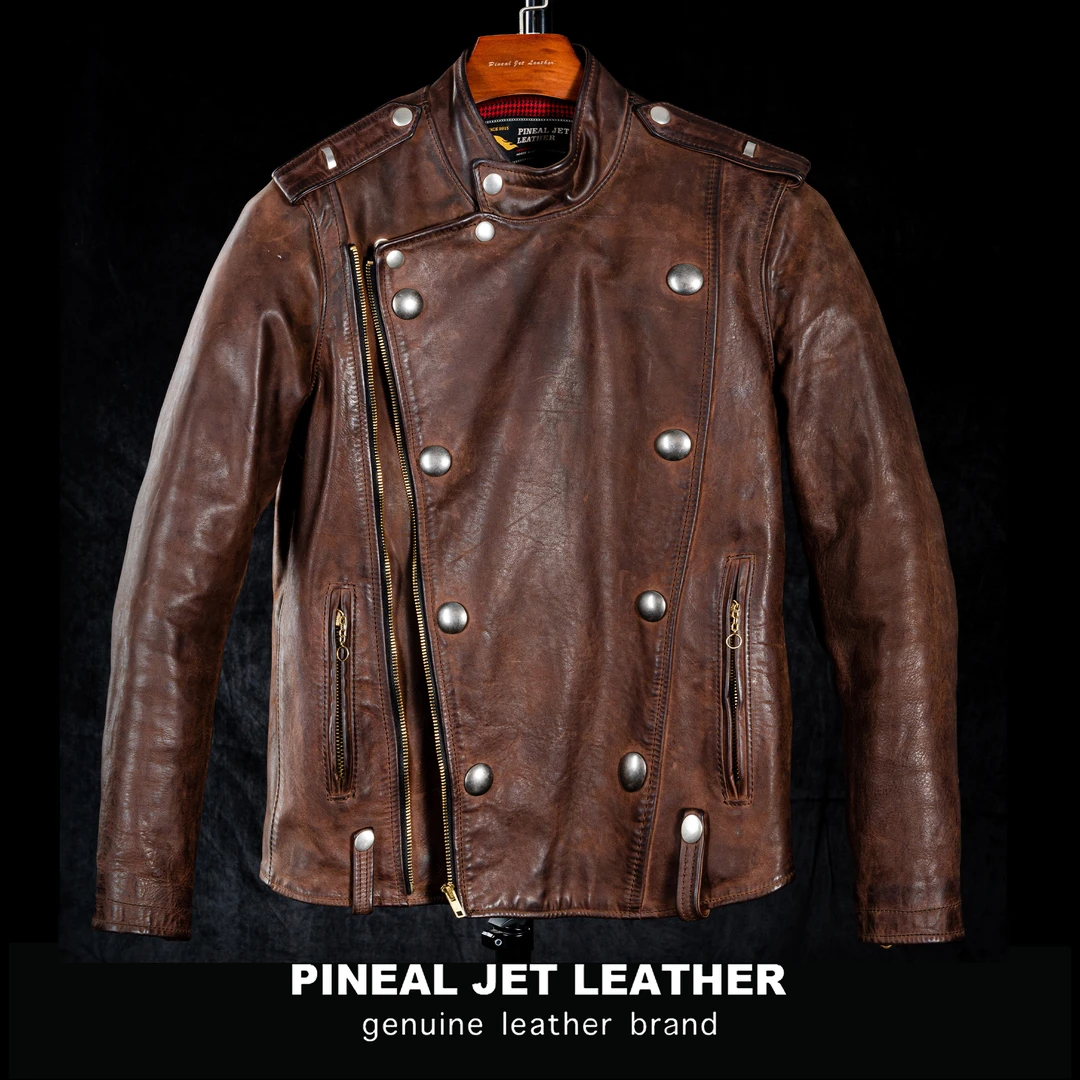 PJL首开发全植鞣水洗做旧棕色马皮皮衣斜拉链经典哨兵款夹克复古