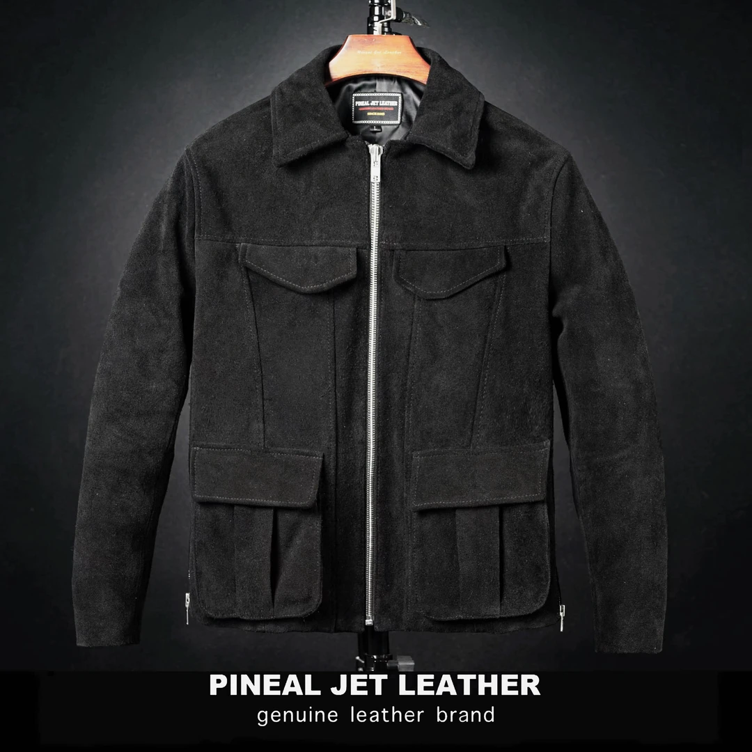 PJL春秋新款男士时尚休闲复古潮流翻领百搭头层反绒牛皮夹克