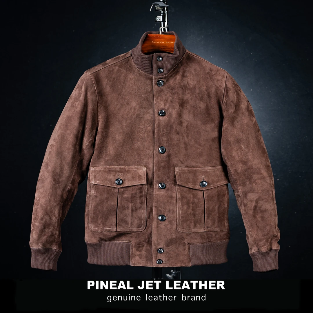 PJL男士经典爆款复古阿美咔叽风立领山羊皮反绒夹克A1