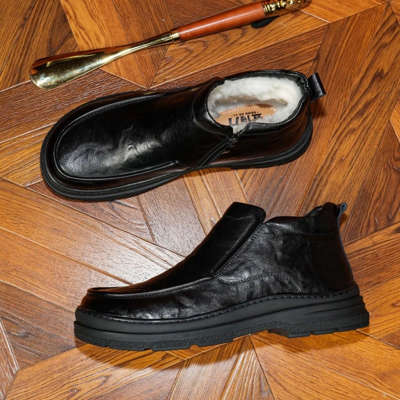 北方冬季棉鞋加绒加厚大头鞋皮羊毛一体老年鞋高档真皮休闲父亲鞋