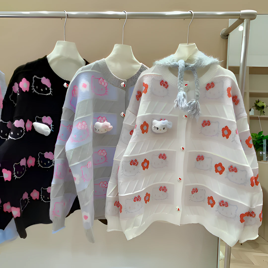 香家【重工KT猫】慵懒风宽松针织衫女套头森系时尚圆领潮流百搭