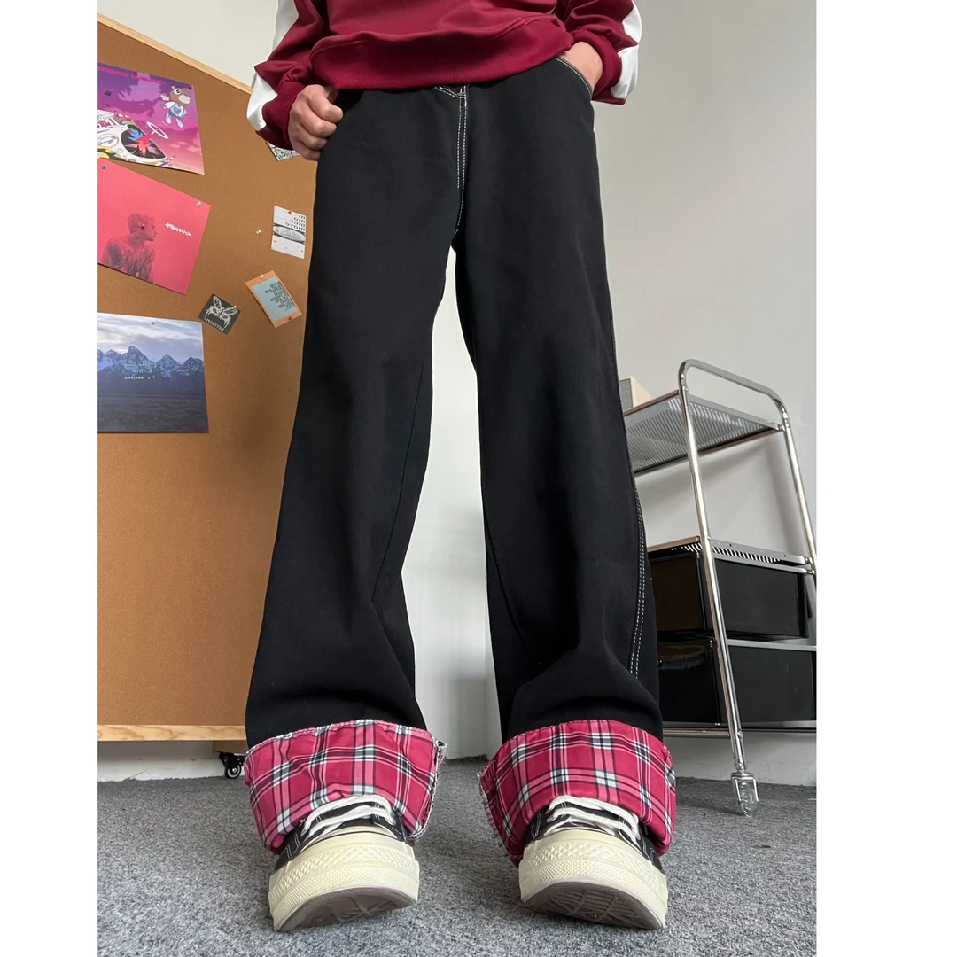 2024炸街潮牌牛仔裤男美式设计感格子卷边直筒宽松大码阔腿长裤子