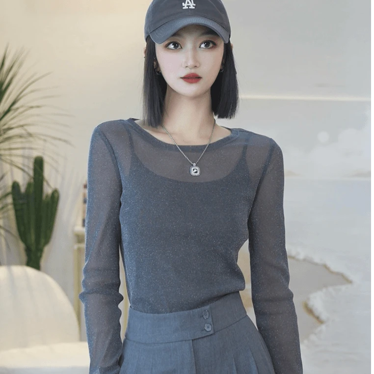 哥弟GIRDEAR时尚百搭灰色长袖T恤女修身银河星空显瘦纱衣1300958