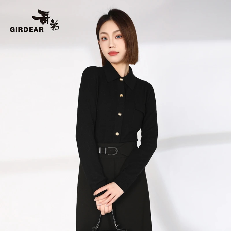 哥弟多巴胺洋气翻领长袖羊绒衫女100%纯羊绒针织显瘦衬衫1499186