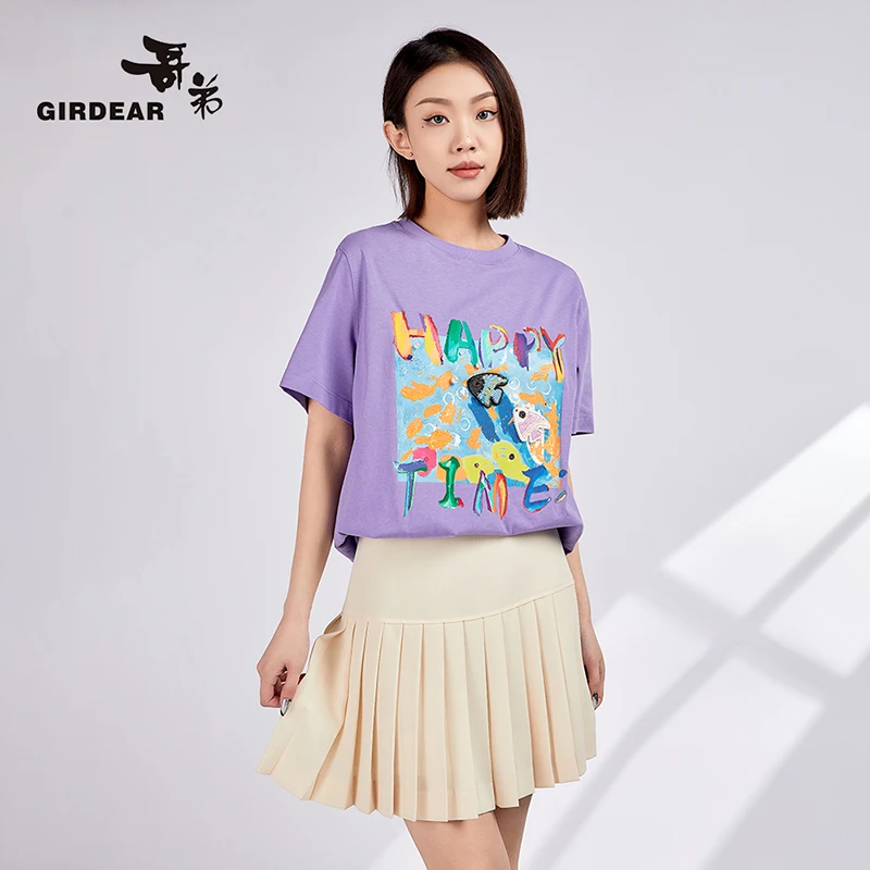 GIRDEAR/哥弟夏季新款宽松紫色圆领卡通印花短袖T恤女上衣1300901