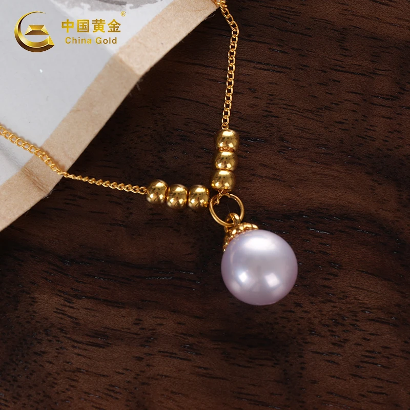 【中国黄金】足金珍珠项链 小众设计圆珠百搭简约时尚经典S925银链