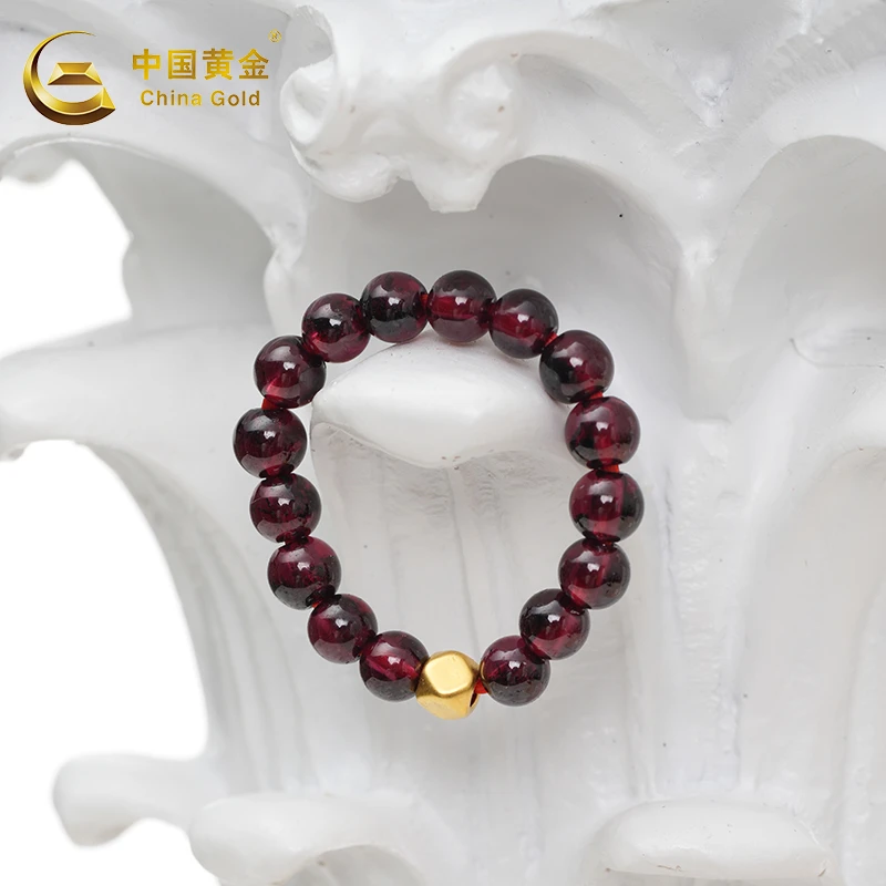 【中国黄金】石榴石+足金戒指 经典红色指环简约光珠精美气质时尚