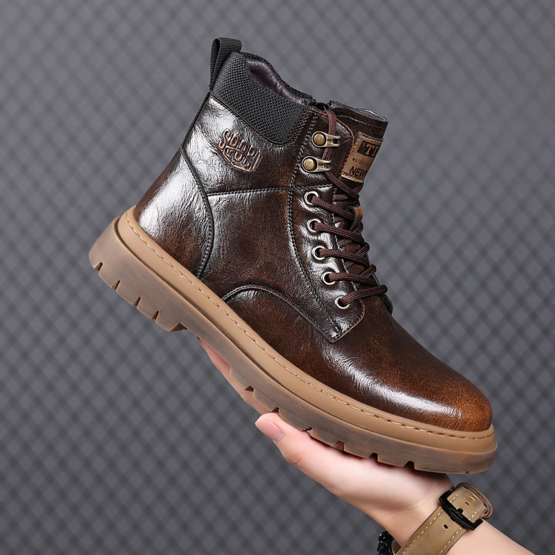 【宾侍戈】13922复古真皮工装靴秋冬机车靴英伦风中筒马丁靴