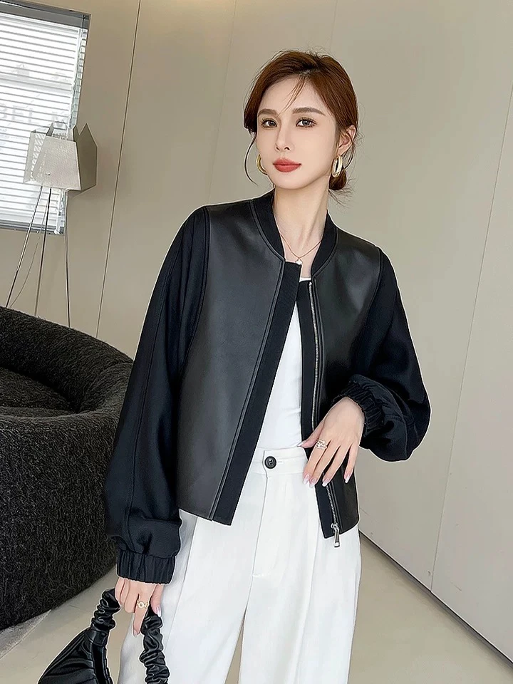 春装新款醋酸蝙蝠袖休闲绵羊皮真皮皮衣女短款小立领外套